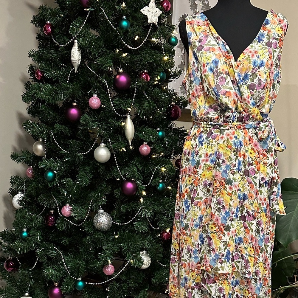 *KARL LAGERFELD* Multicolor Asymmetrical Sleeveless Floral Tie Waist Dress Sz 10